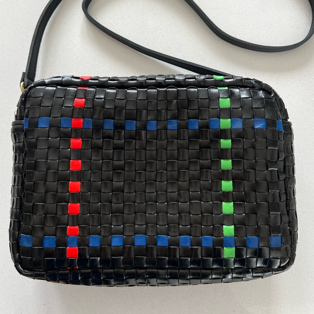CLARE V: MARISOL: BLACK W/PACIFIC, CHERRY RED & PARROT GREEN PLAID WOVEN CHECKER